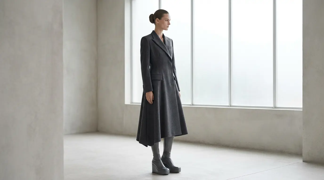 Market Street model styled in a tailored gray coat